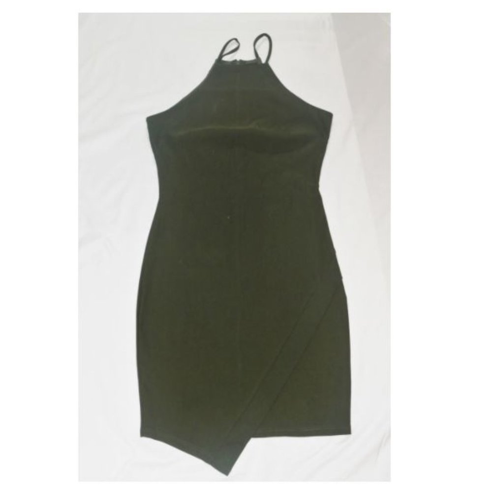 Olive Green Asymmetrical Halter Dress